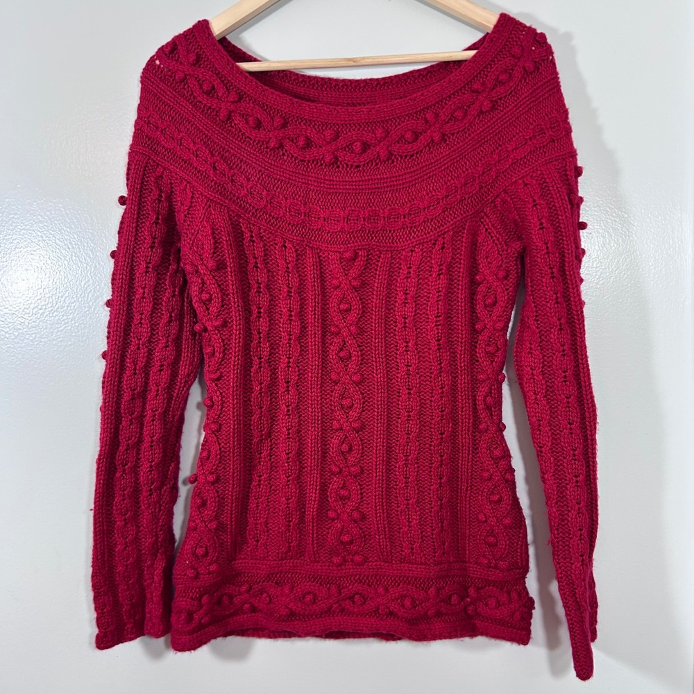 Moda International Red Cable Knit Popcorn Bobble Wool Blend Sweater Womens M